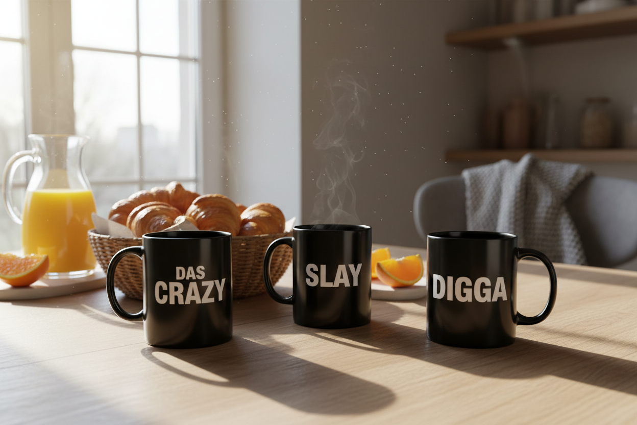 Frühstückstisch mit Jugendwort-Tassen