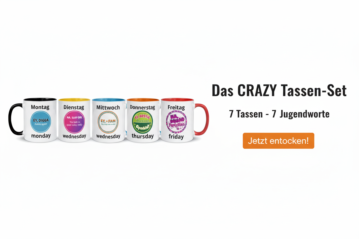 Das CRAZY 7-Tage-Tassen-Set – 7 schwarze Tassen mit Jugendworten SLAY, DIGGA, DAS CRAZY, BESTIE und mehr – Geschenk-Set – KCCMShop"